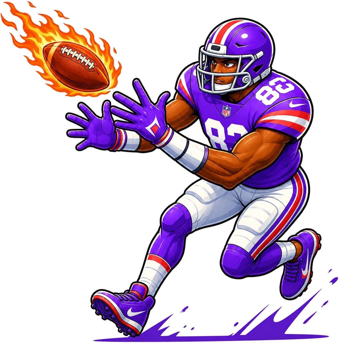 A football player diving to catch a flaming football
