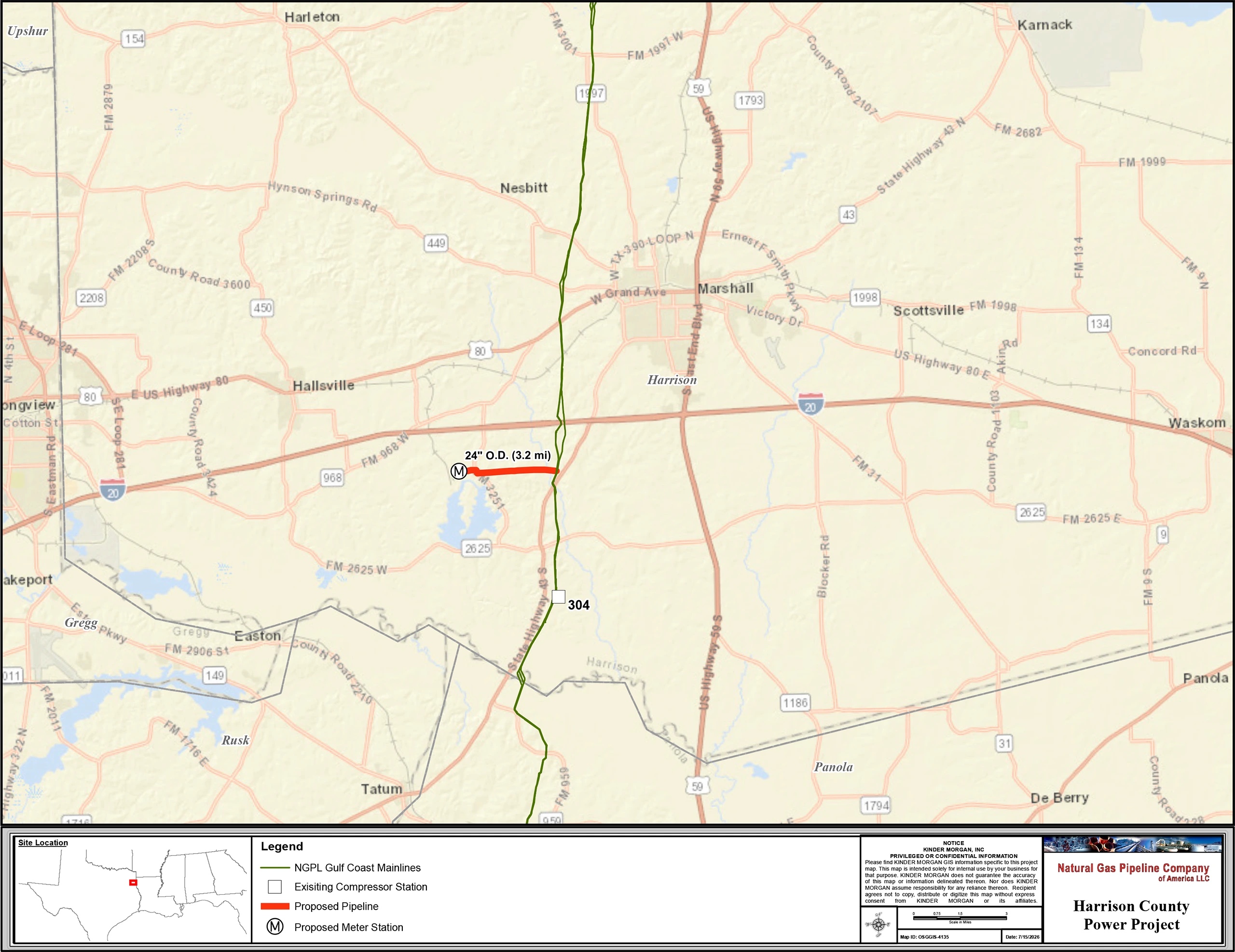 Route map from the FERC filing: the proposed 3.2-mile, 24-inch pipeline lateral in red, east of Hallsville and west of Marshall in Harrison County, Texas, with the proposed meter station and NGPL's existing Gulf Coast mainlines