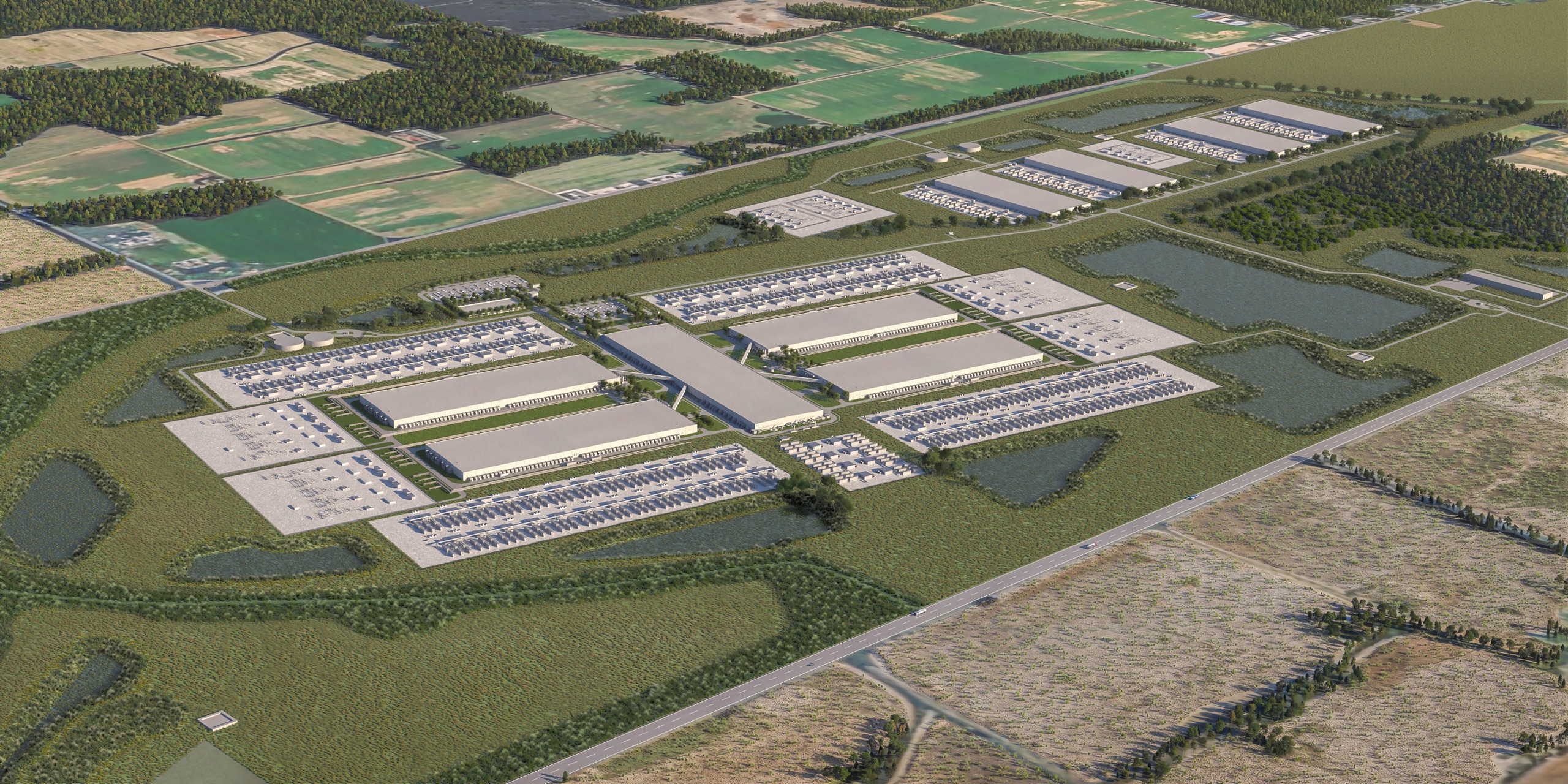 Aerial rendering of the Hyperion data-center campus in Richland Parish, Louisiana